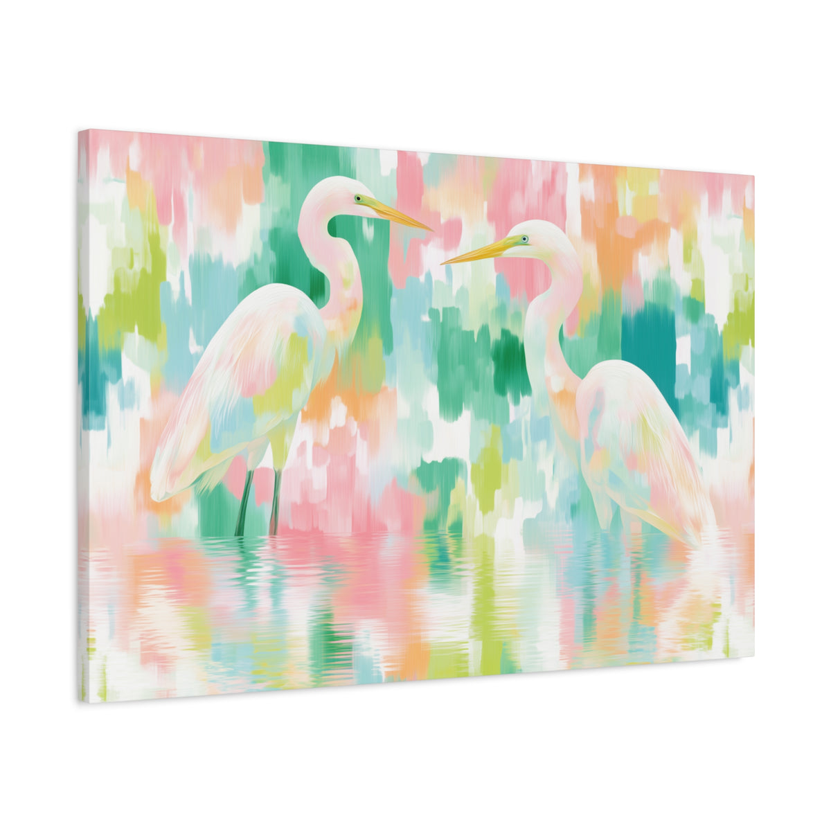 Pastel Herons Canvas, Tropical Bird Art, Preppy Vibrant Abstract Art Canvas
