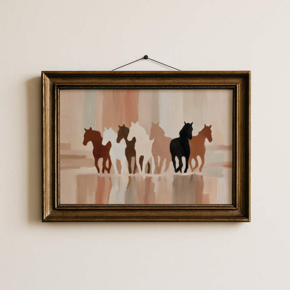 Abstract Running HorsesPoster, Neutral Rustic Horse Wall Art, Farmhouse Decor, Western Art