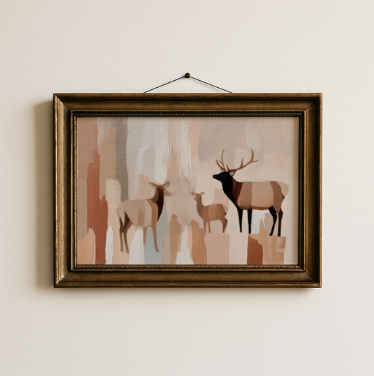 Abstract Elk Herd Poster, Neutral Mountain Aesthetic Wall Art, Rustic Nursery Decor