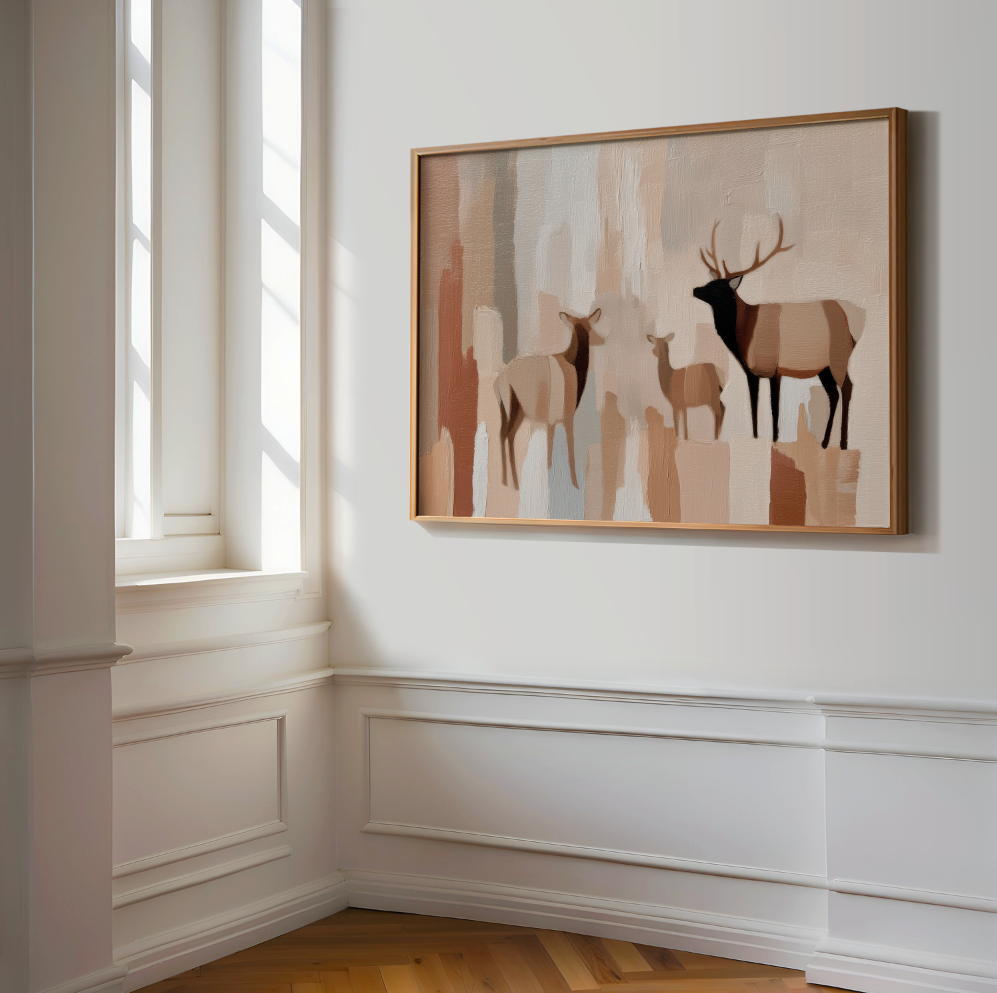 Abstract Elk Herd Poster, Neutral Mountain Aesthetic Wall Art, Rustic Nursery Decor
