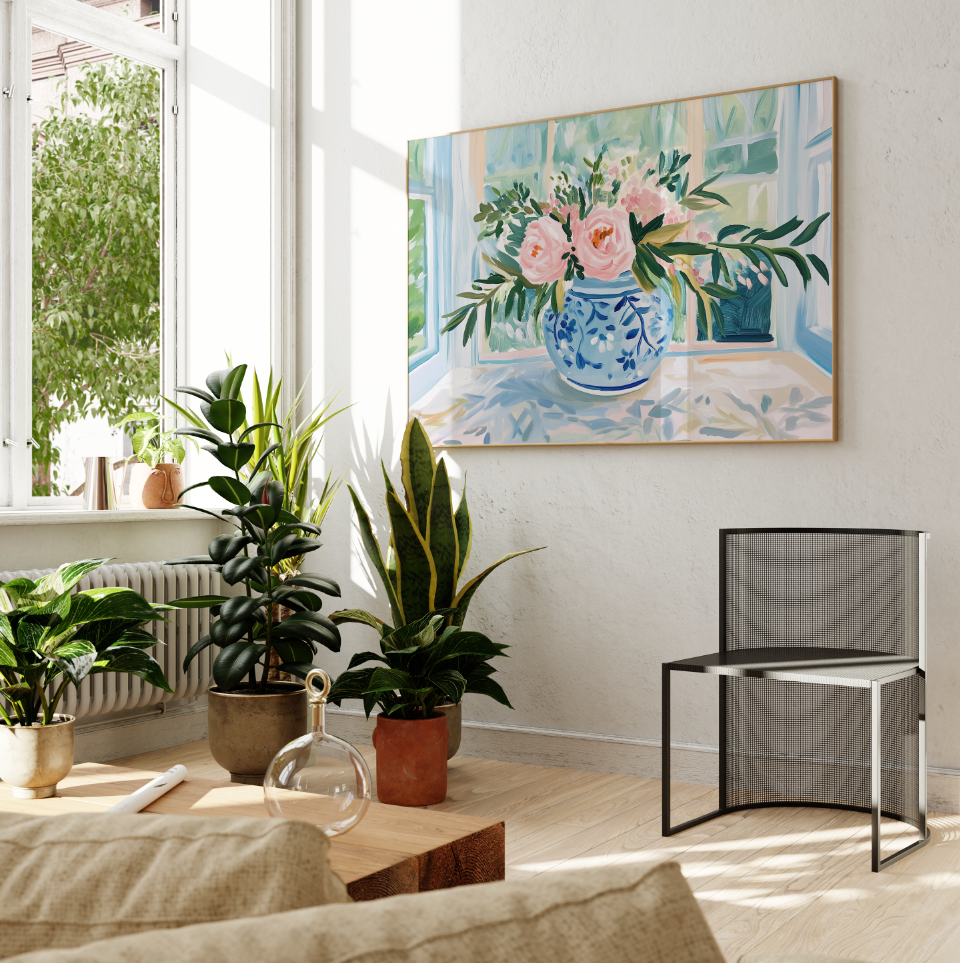 Pink Peonies in Blue Ginger Jar Vase Poster, Preppy Floral Wall Art