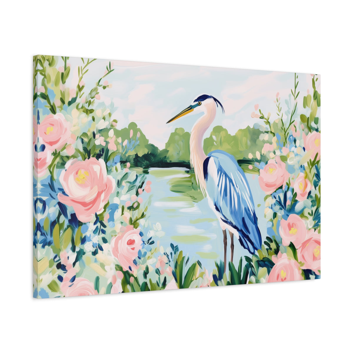 Blue Heron Painting Canvas Stretched Matte Canvas | Floral Southern Marsh Wall Art