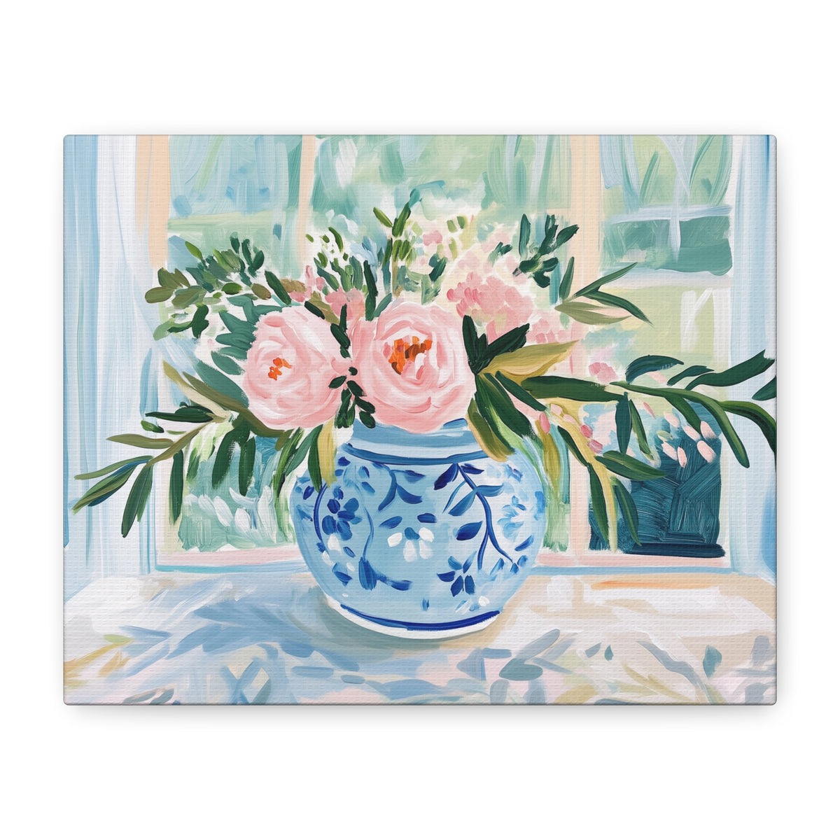 Pink Peonies in Blue Ginger Jar Bouquet on Canvas. Preppy Floral Wall Art
