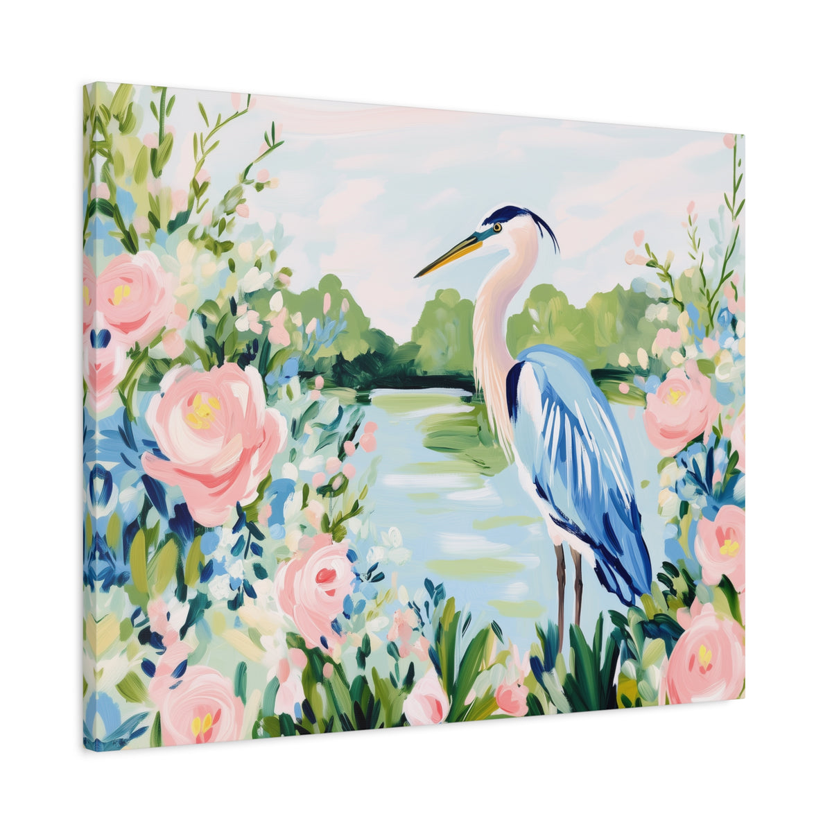 Blue Heron Painting Canvas Stretched Matte Canvas | Floral Southern Marsh Wall Art