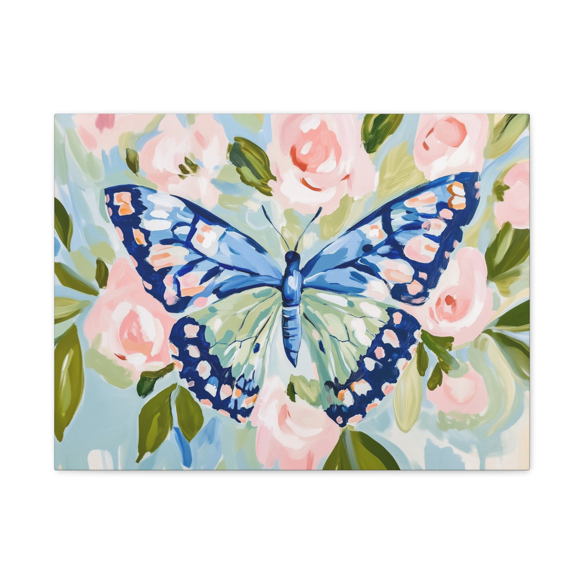 Blue Butterfly Floral Canvas, Preppy Floral Decor, Dorm Art
