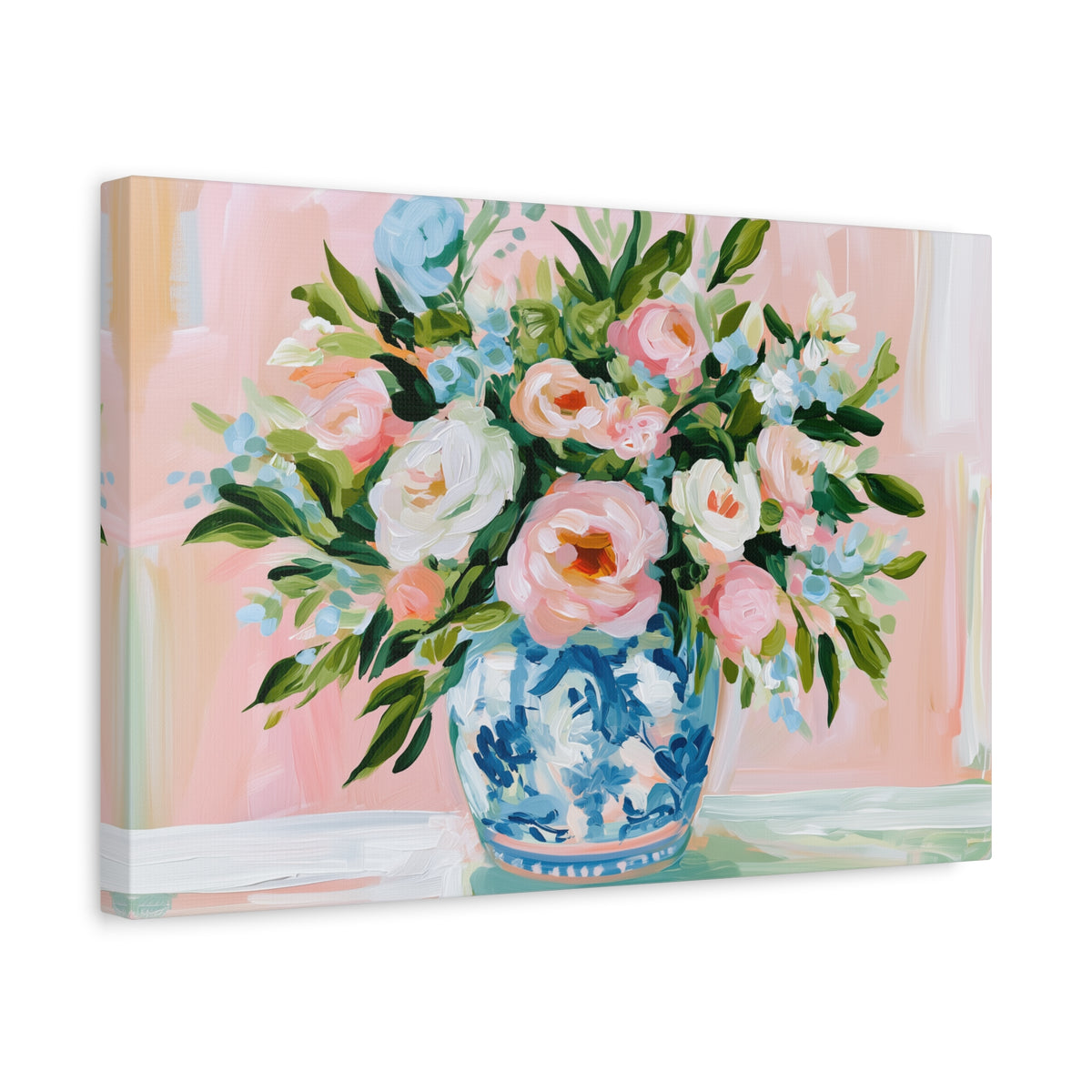 Floral Bouquet Canvas, Pink Peonies in Blue Chinoiserie Vase Canvas Wall Art