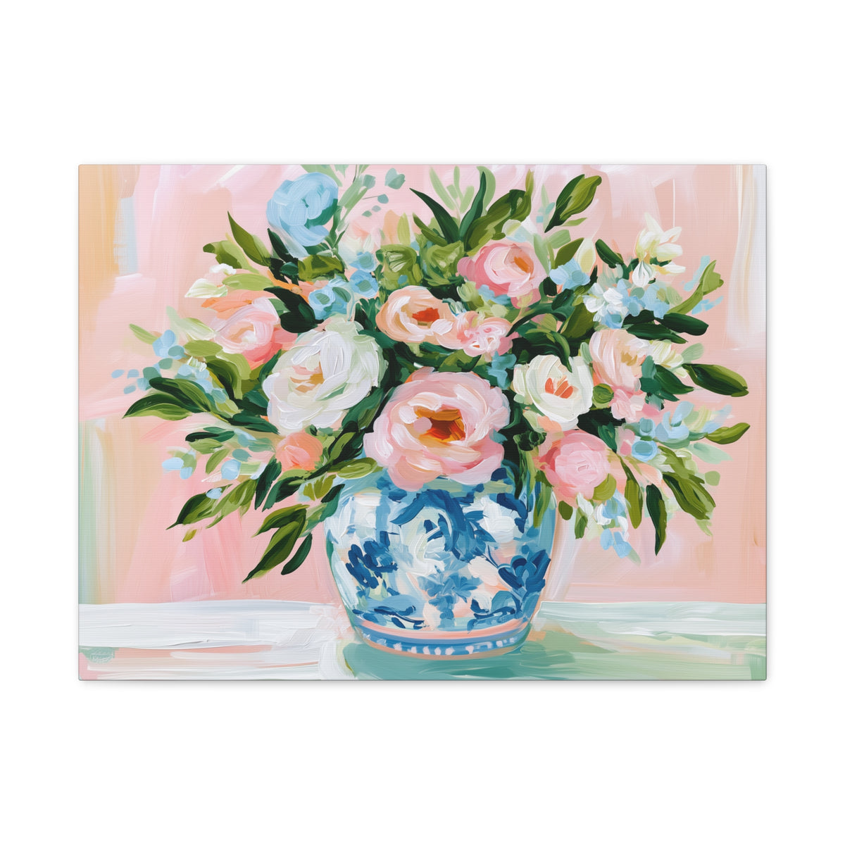 Floral Bouquet Canvas, Pink Peonies in Blue Chinoiserie Vase Canvas Wall Art