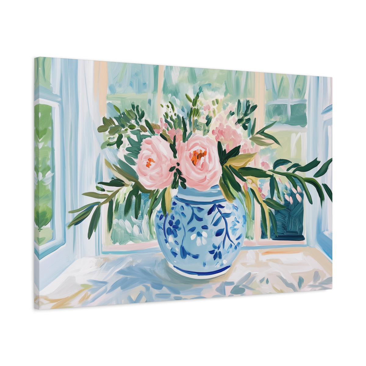Pink Peonies in Blue Ginger Jar Bouquet on Canvas. Preppy Floral Wall Art
