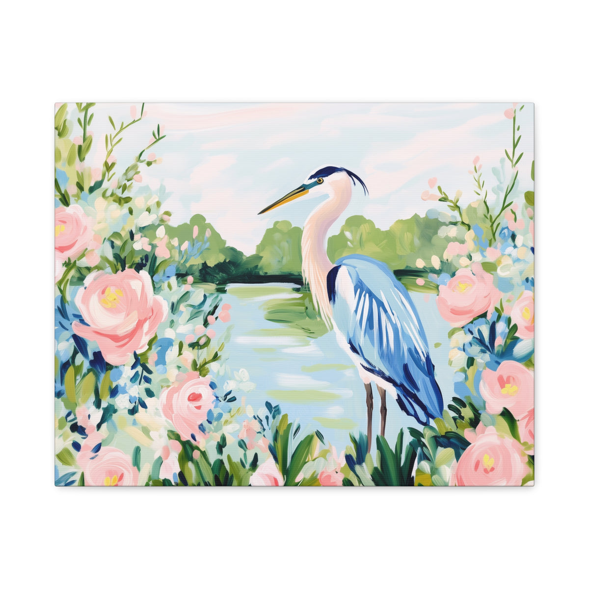 Blue Heron Painting Canvas Stretched Matte Canvas | Floral Southern Marsh Wall Art