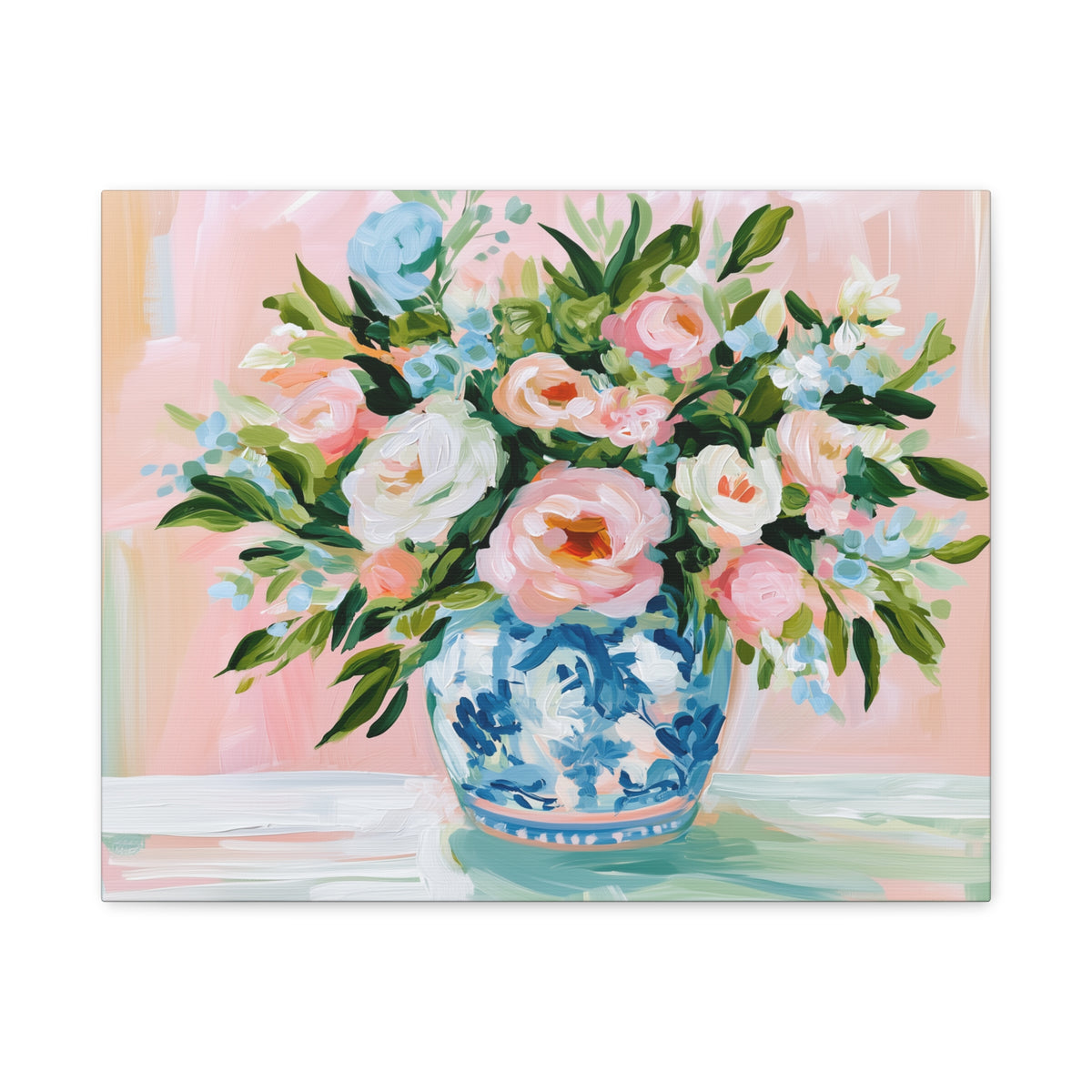 Floral Bouquet Canvas, Pink Peonies in Blue Chinoiserie Vase Canvas Wall Art