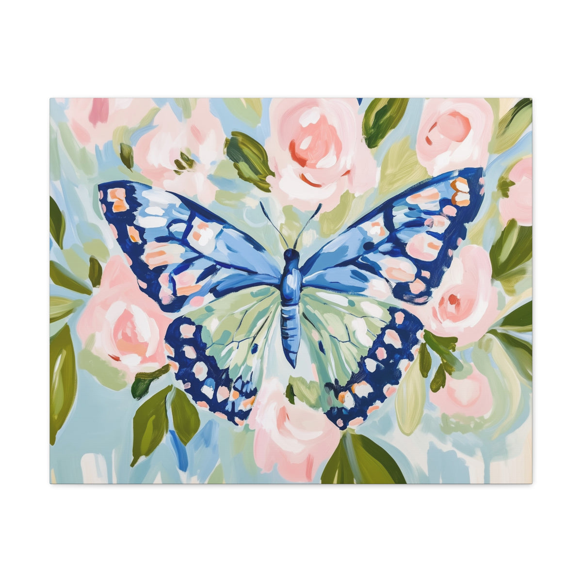 Blue Butterfly Floral Canvas, Preppy Floral Decor, Dorm Art
