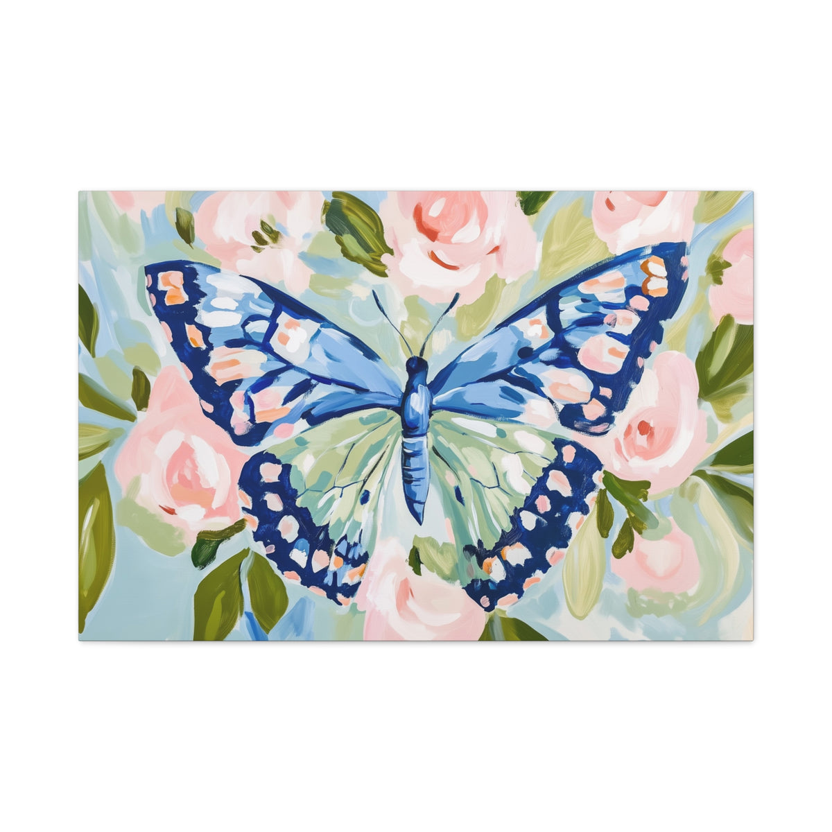 Blue Butterfly Floral Canvas, Preppy Floral Decor, Dorm Art
