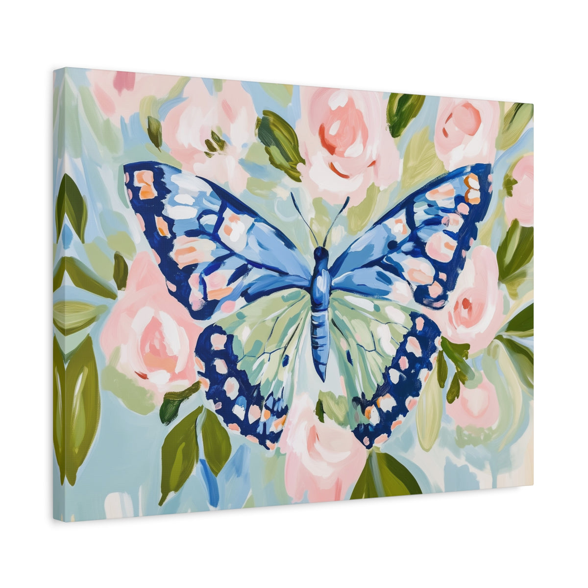Blue Butterfly Floral Canvas, Preppy Floral Decor, Dorm Art