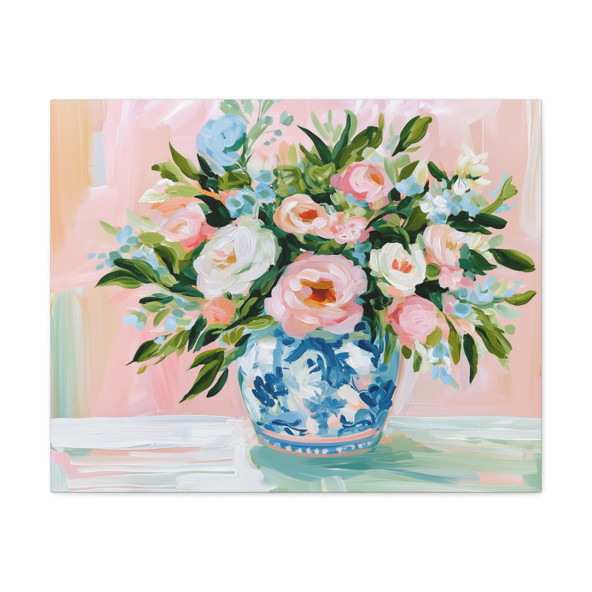 Floral Bouquet Canvas, Pink Peonies in Blue Chinoiserie Vase Canvas Wall Art
