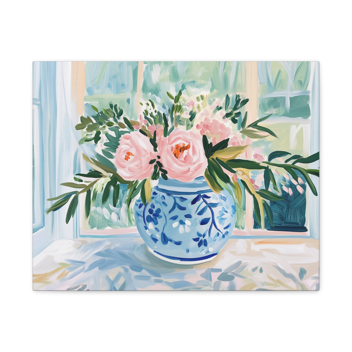 Pink Peonies in Blue Ginger Jar Bouquet on Canvas. Preppy Floral Wall Art