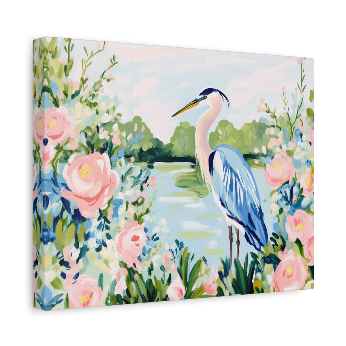 Blue Heron Painting Canvas Stretched Matte Canvas | Floral Southern Marsh Wall Art