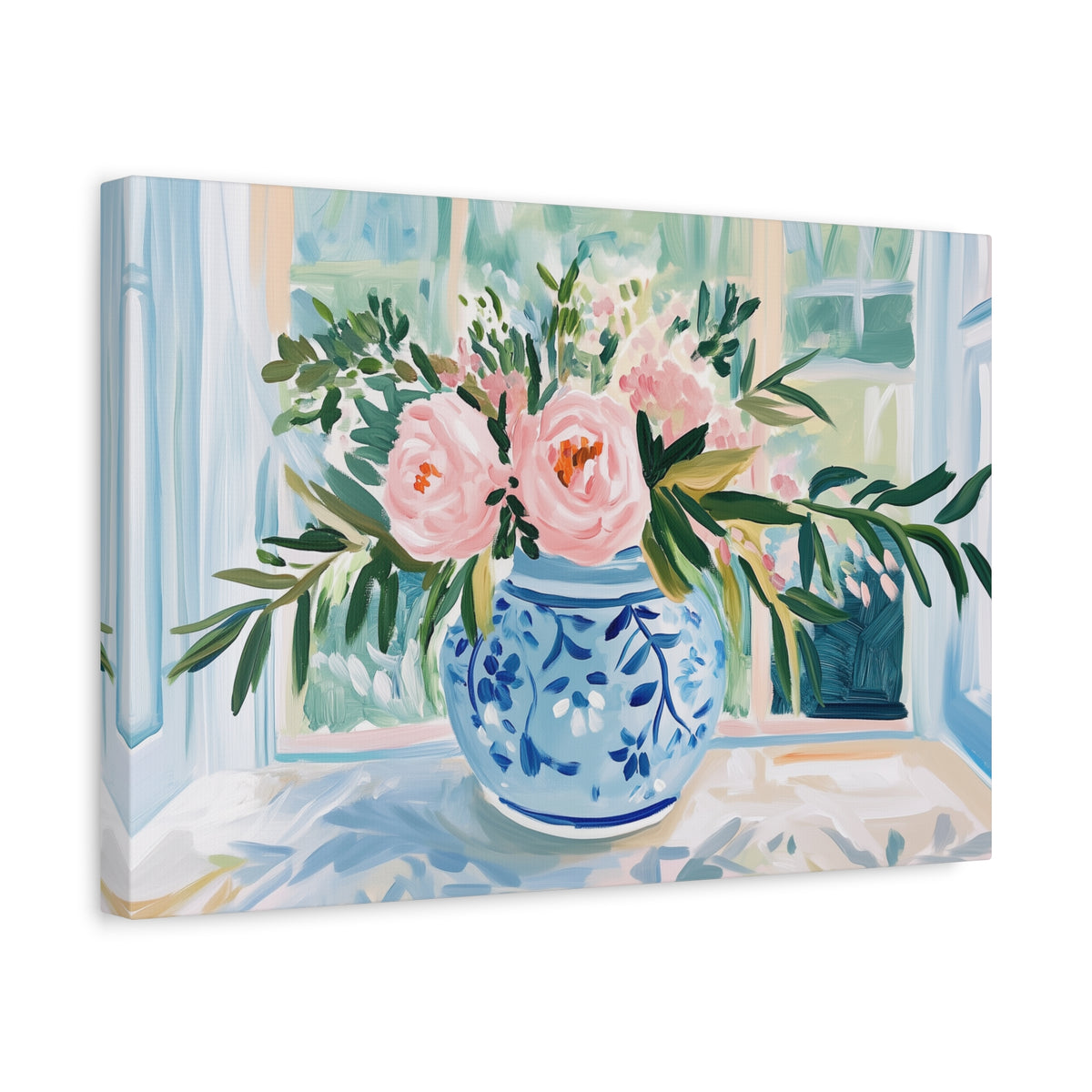 Pink Peonies in Blue Ginger Jar Bouquet on Canvas. Preppy Floral Wall Art