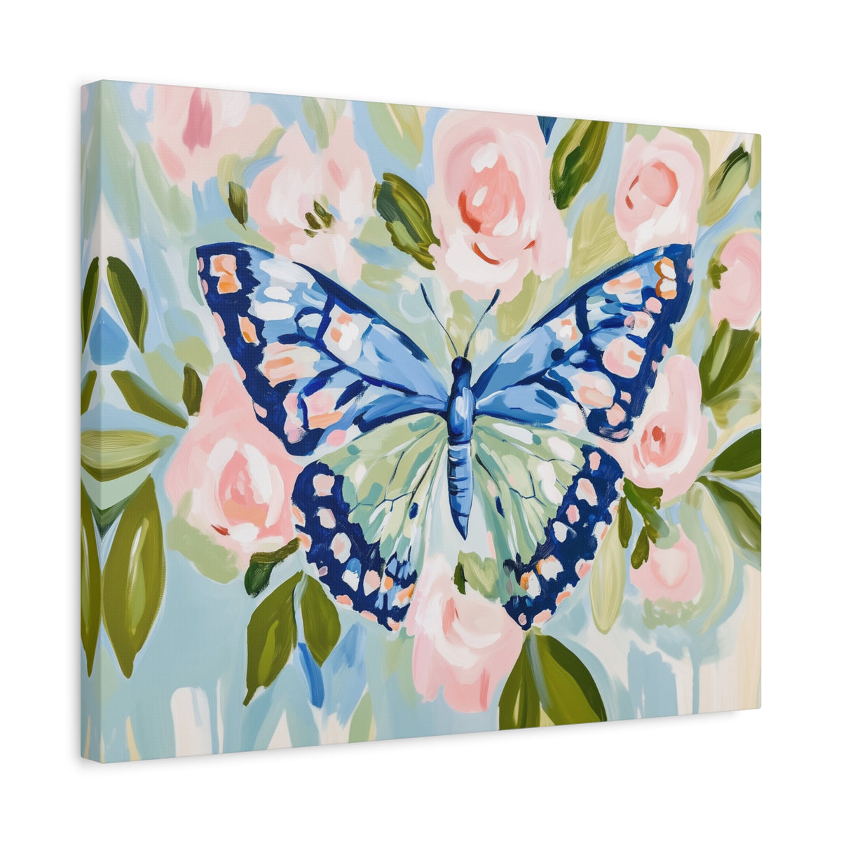 Blue Butterfly Floral Canvas, Preppy Floral Decor, Dorm Art