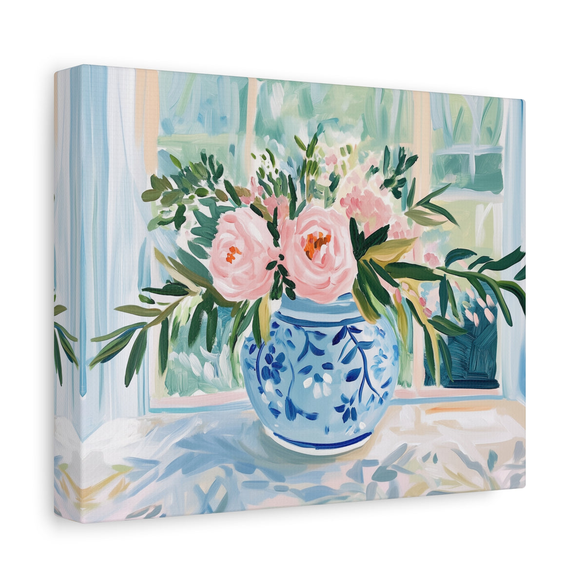 Pink Peonies in Blue Ginger Jar Bouquet on Canvas. Preppy Floral Wall Art