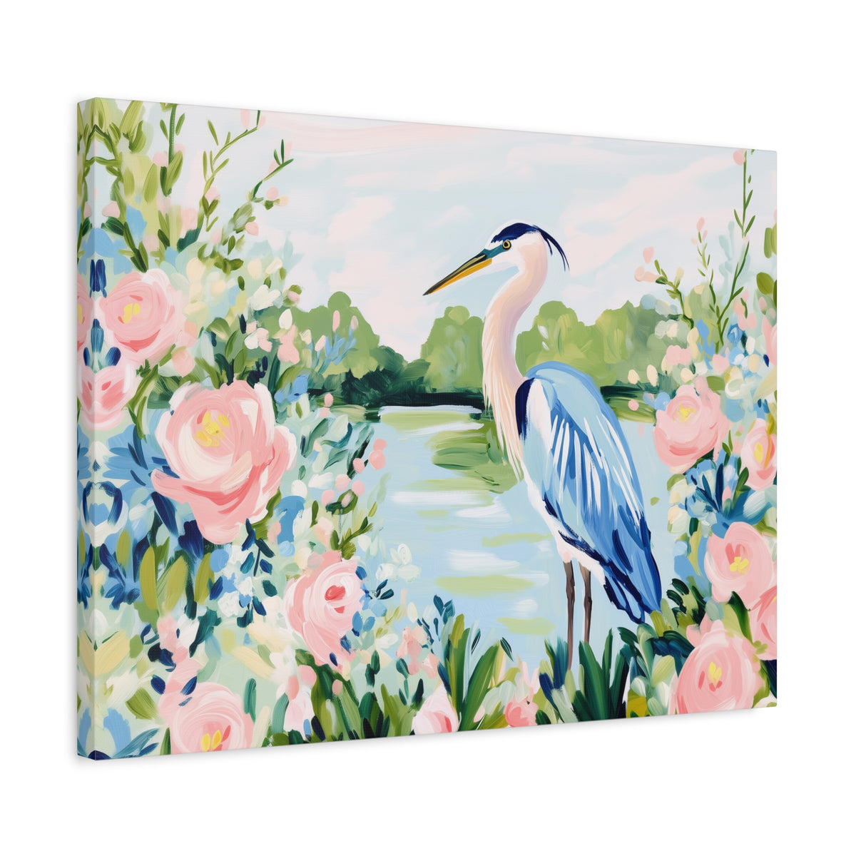 Blue Heron Painting Canvas Stretched Matte Canvas | Floral Southern Marsh Wall Art