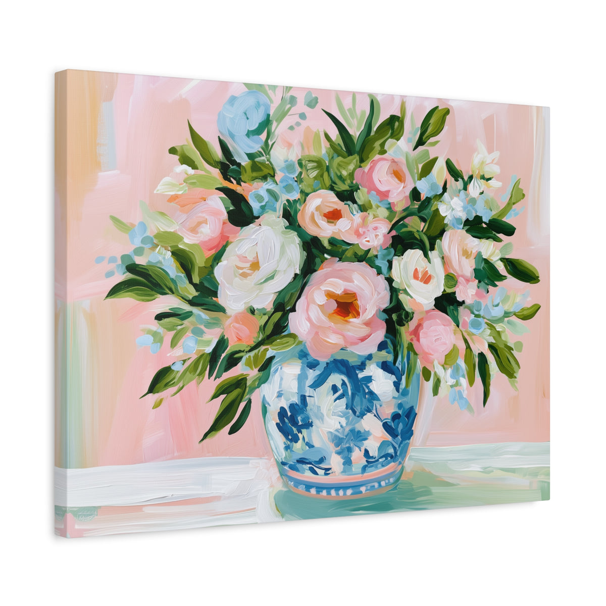 Floral Bouquet Canvas, Pink Peonies in Blue Chinoiserie Vase Canvas Wall Art