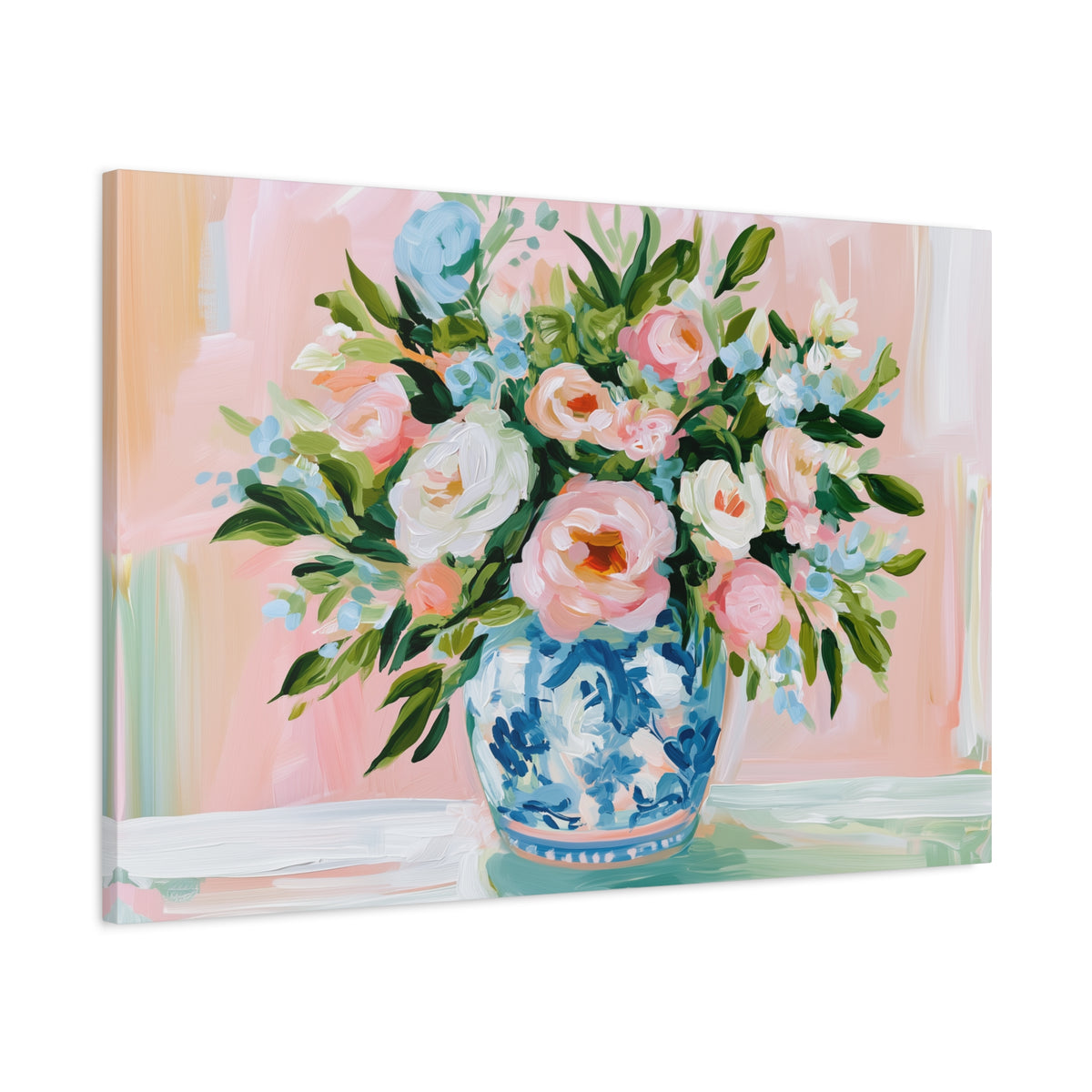 Floral Bouquet Canvas, Pink Peonies in Blue Chinoiserie Vase Canvas Wall Art