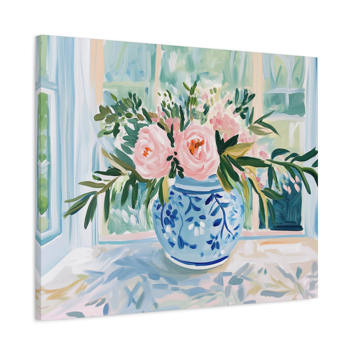 Pink Peonies in Blue Ginger Jar Bouquet on Canvas. Preppy Floral Wall Art