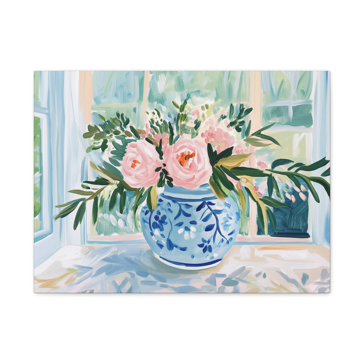 Pink Peonies in Blue Ginger Jar Bouquet on Canvas. Preppy Floral Wall Art