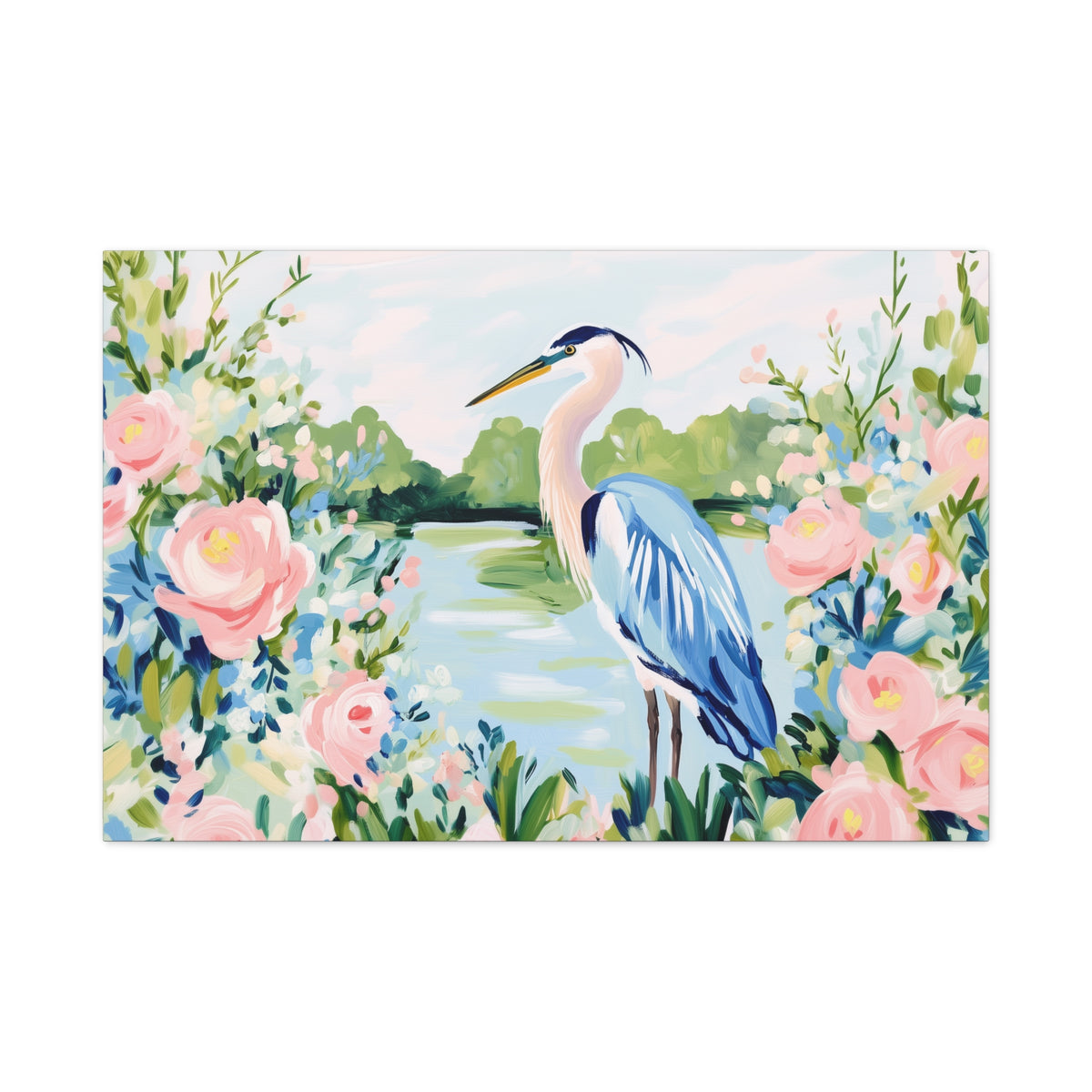 Blue Heron Painting Canvas Stretched Matte Canvas | Floral Southern Marsh Wall Art