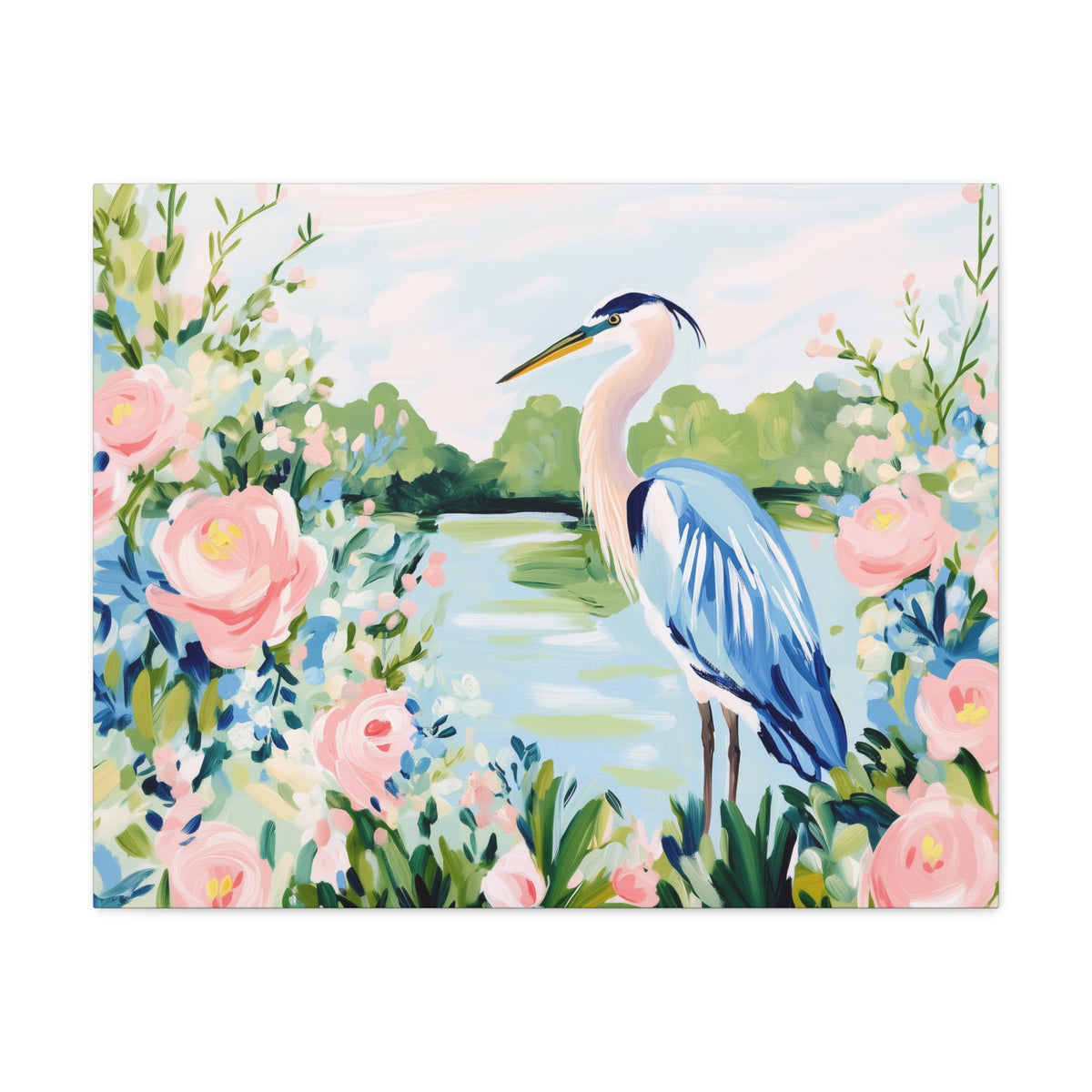 Blue Heron Painting Canvas Stretched Matte Canvas | Floral Southern Marsh Wall Art