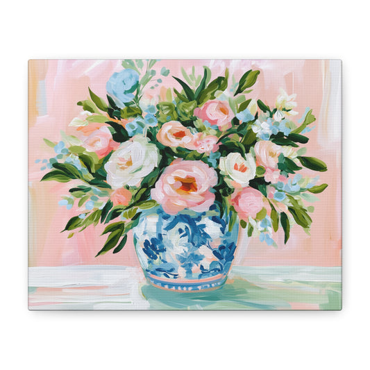 Floral Bouquet Canvas, Pink Peonies in Blue Chinoiserie Vase Canvas Wall Art