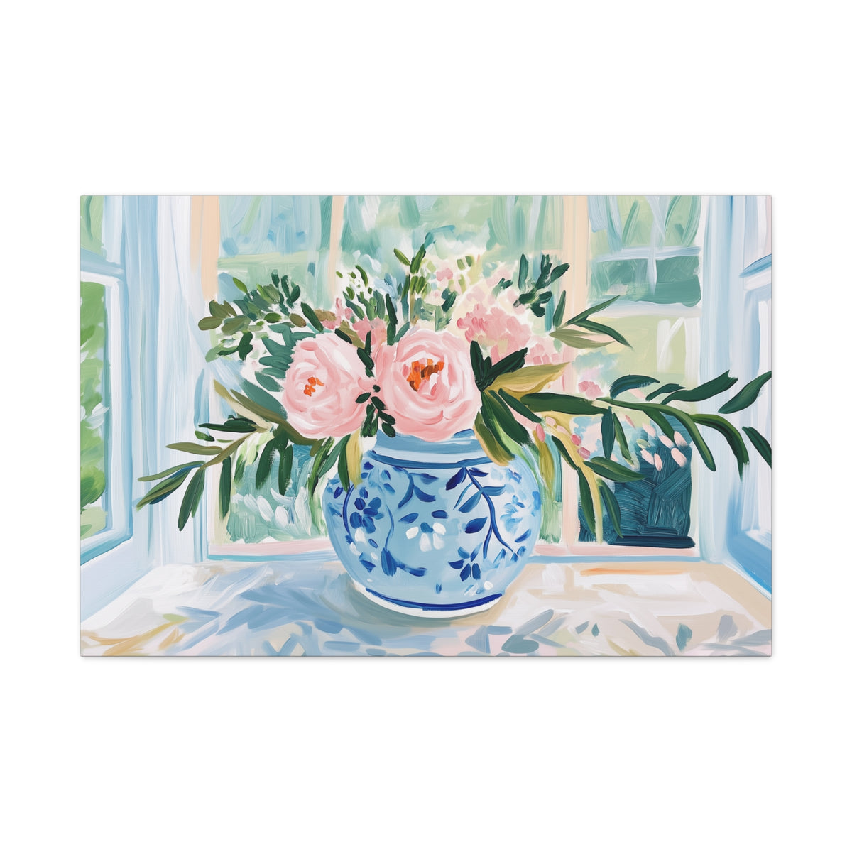 Pink Peonies in Blue Ginger Jar Bouquet on Canvas. Preppy Floral Wall Art