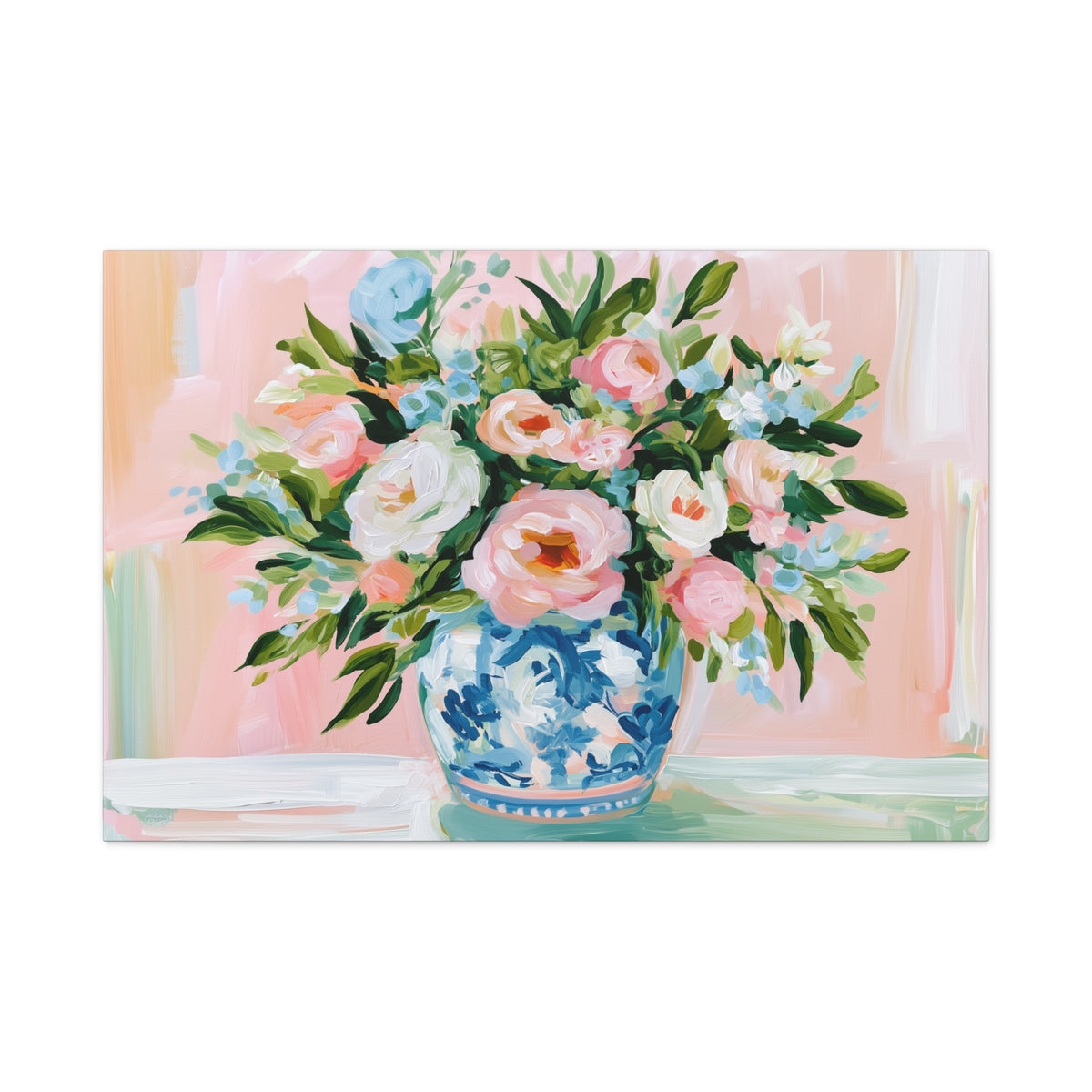Floral Bouquet Canvas, Pink Peonies in Blue Chinoiserie Vase Canvas Wall Art