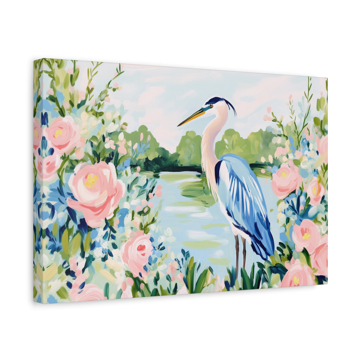 Blue Heron Painting Canvas Stretched Matte Canvas | Floral Southern Marsh Wall Art