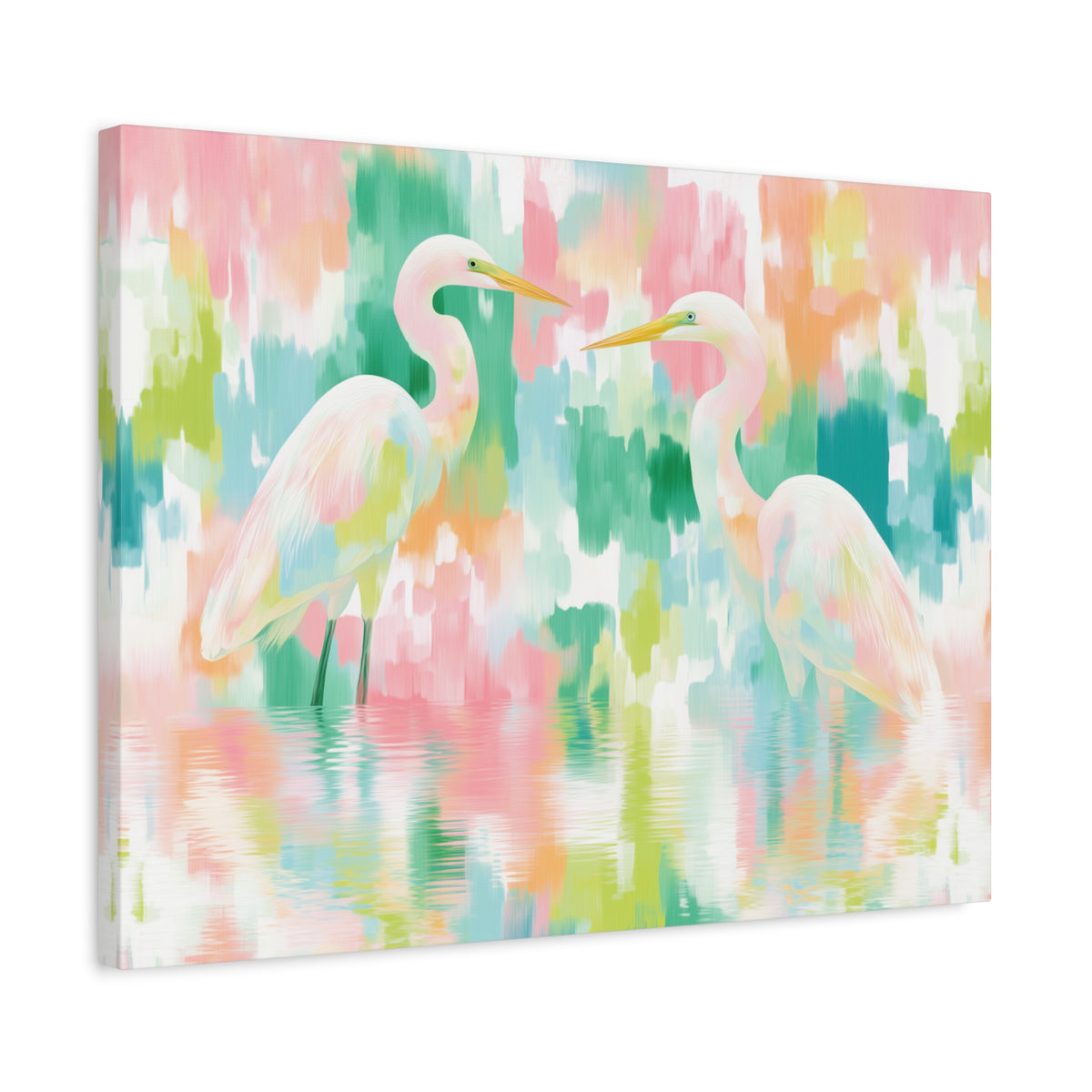 Pastel Herons Canvas, Tropical Bird Art, Preppy Vibrant Abstract Art Canvas