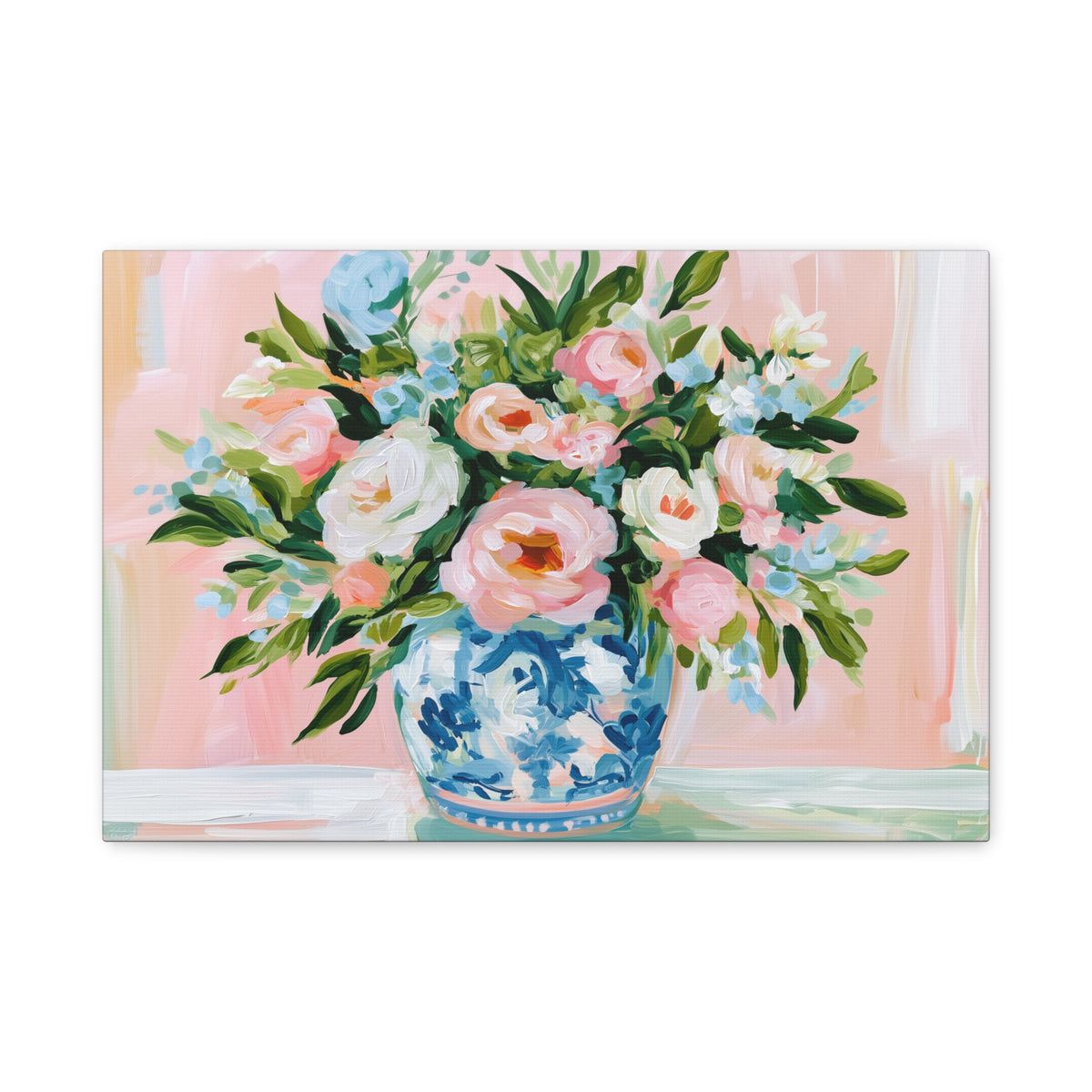 Floral Bouquet Canvas, Pink Peonies in Blue Chinoiserie Vase Canvas Wall Art