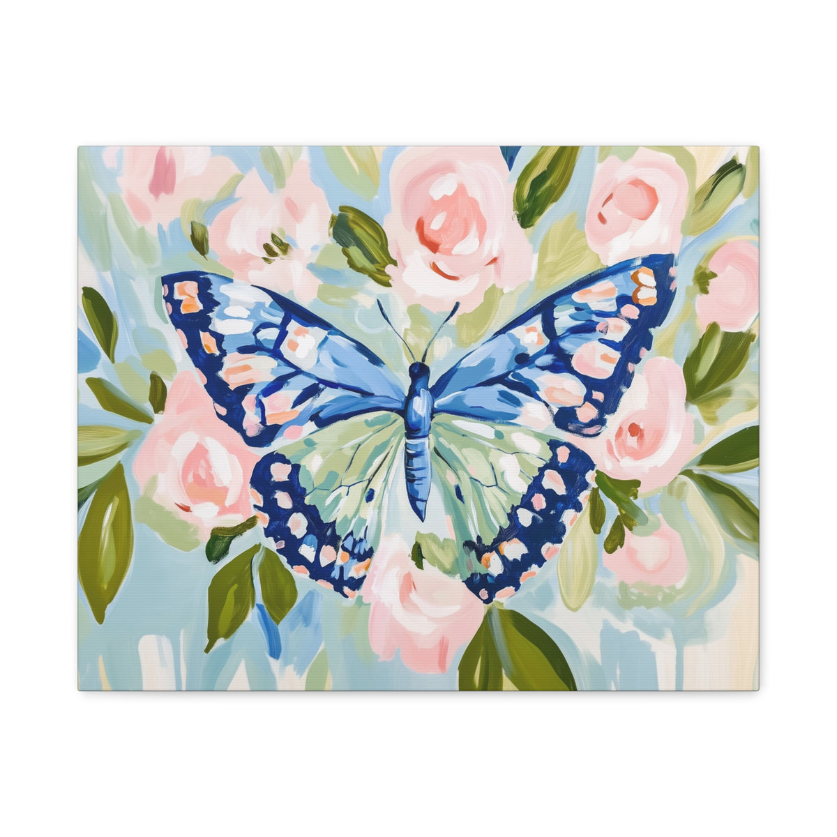 Blue Butterfly Floral Canvas, Preppy Floral Decor, Dorm Art