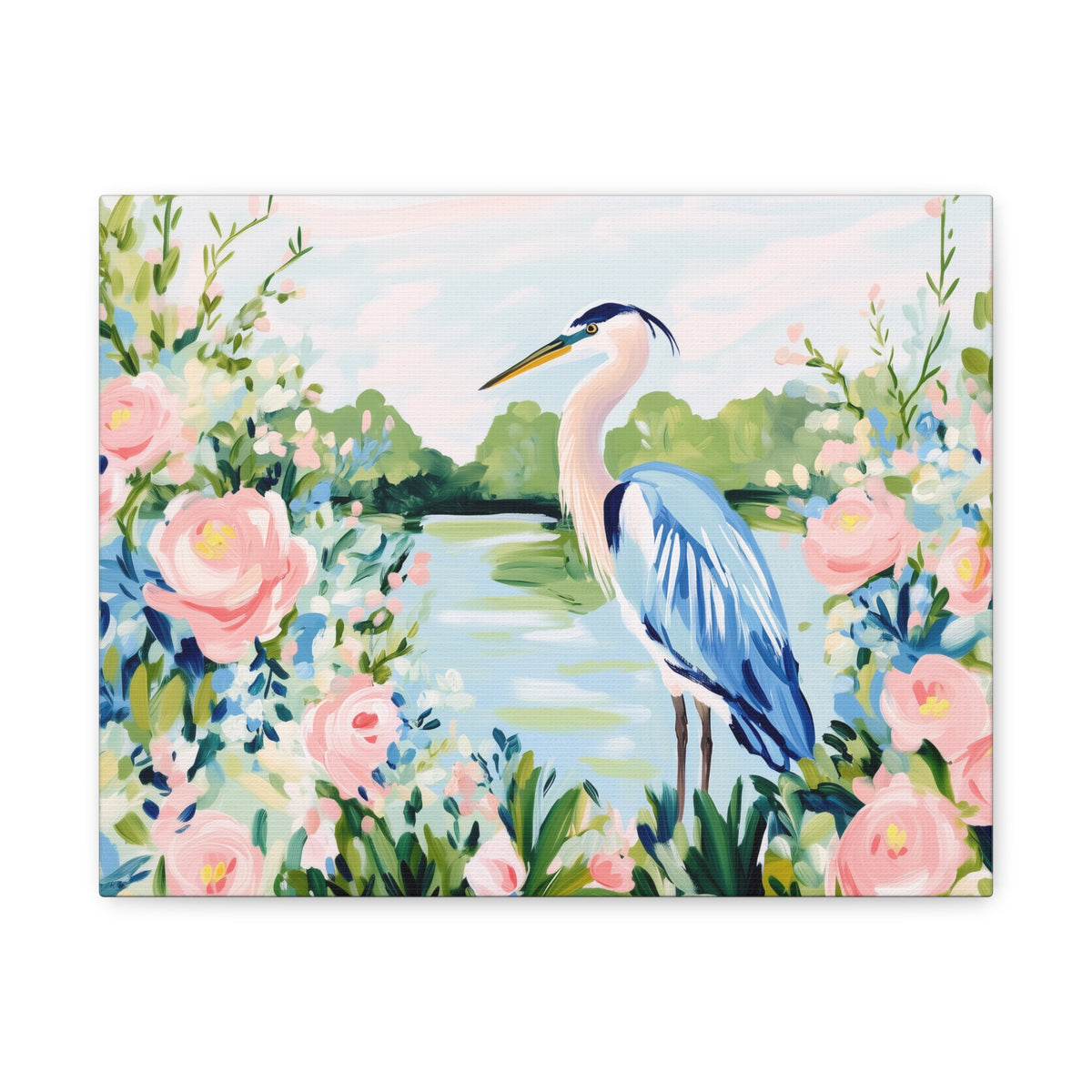 Blue Heron Painting Canvas Stretched Matte Canvas | Floral Southern Marsh Wall Art