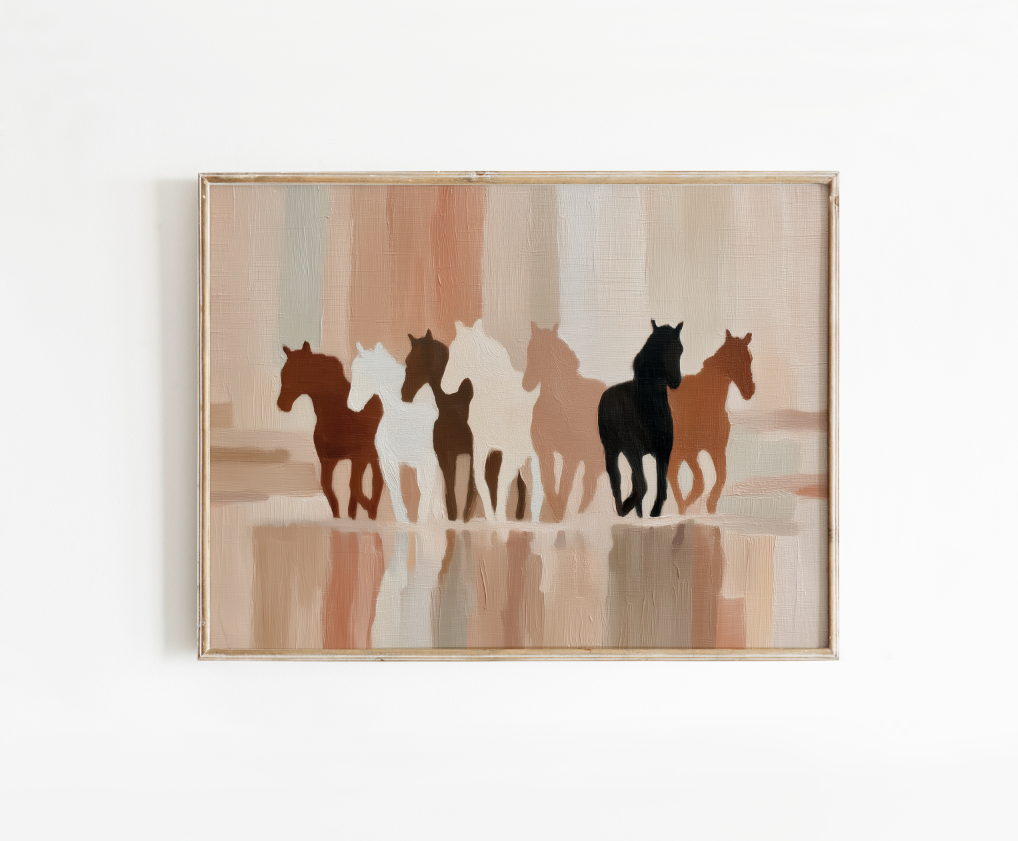 Abstract Running HorsesPoster,  Neutral Rustic Horse Wall Art, Farmhouse Decor, Western Art