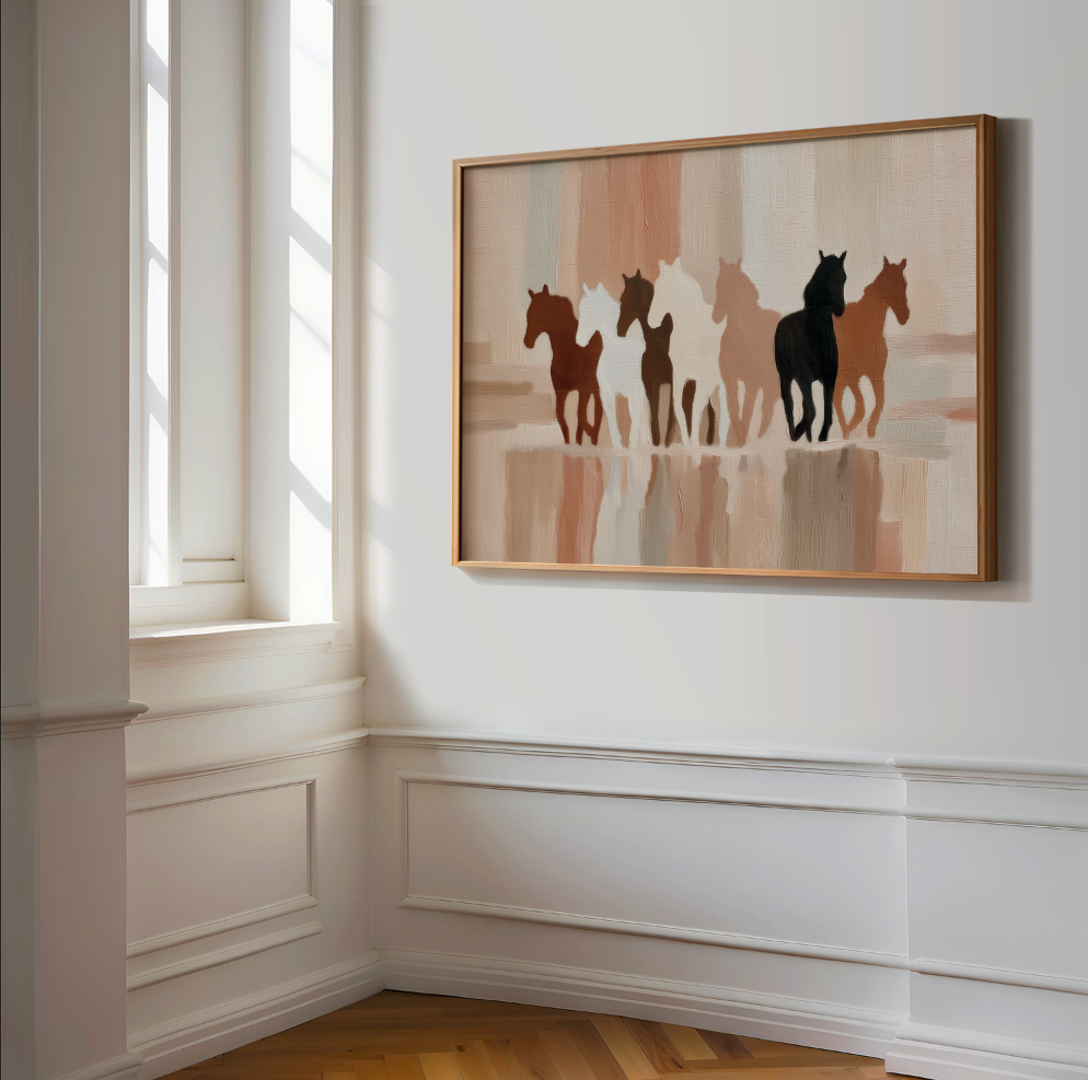 Abstract Running HorsesPoster,  Neutral Rustic Horse Wall Art, Farmhouse Decor, Western Art