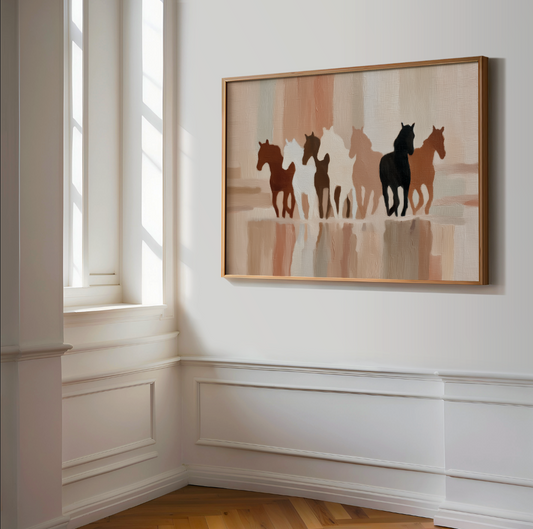 Abstract Running HorsesPoster,  Neutral Rustic Horse Wall Art, Farmhouse Decor, Western Art