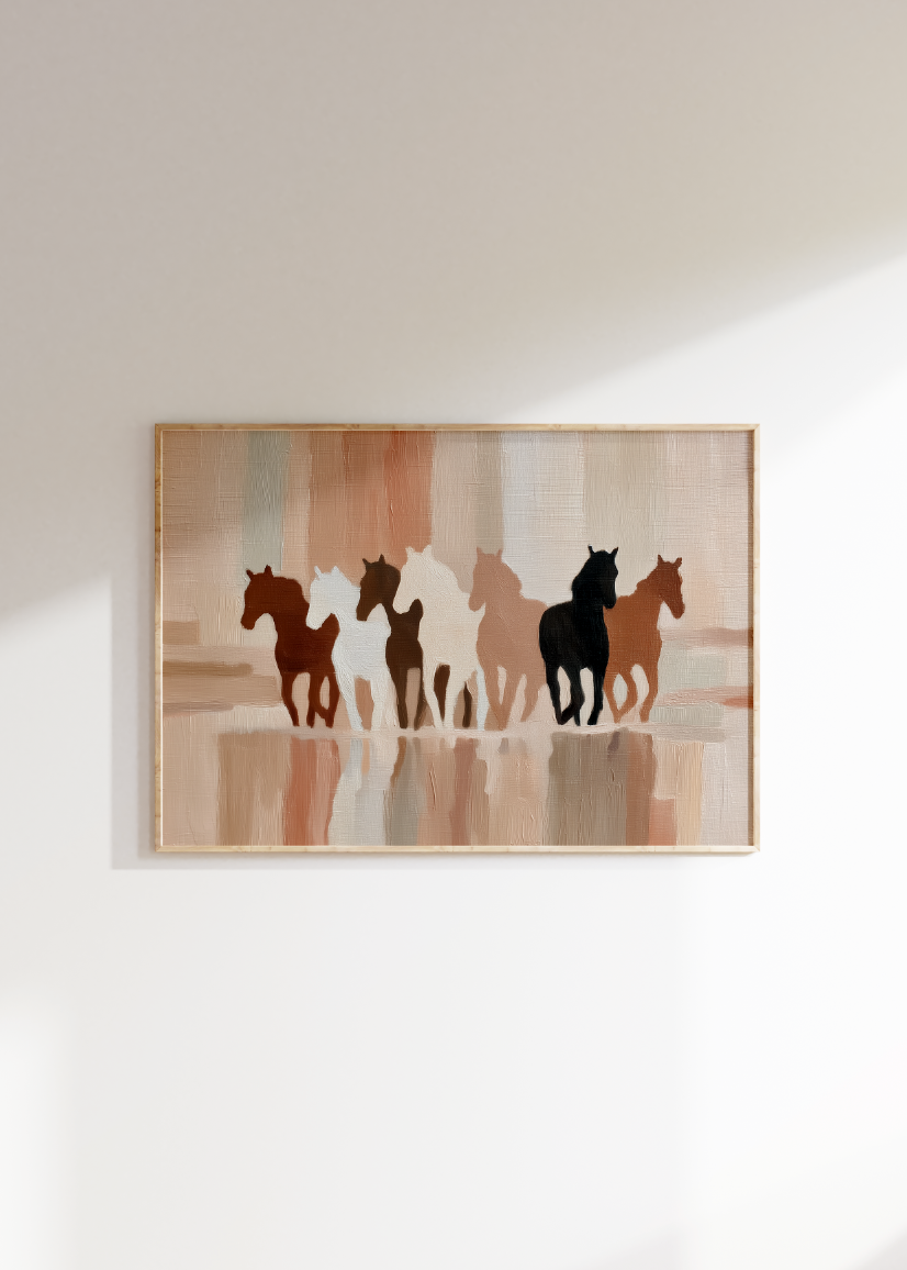 Abstract Running HorsesPoster,  Neutral Rustic Horse Wall Art, Farmhouse Decor, Western Art
