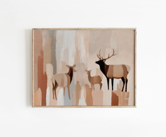 Abstract Elk Herd Poster, Neutral Mountain Aesthetic Wall Art, Rustic Nursery Decor