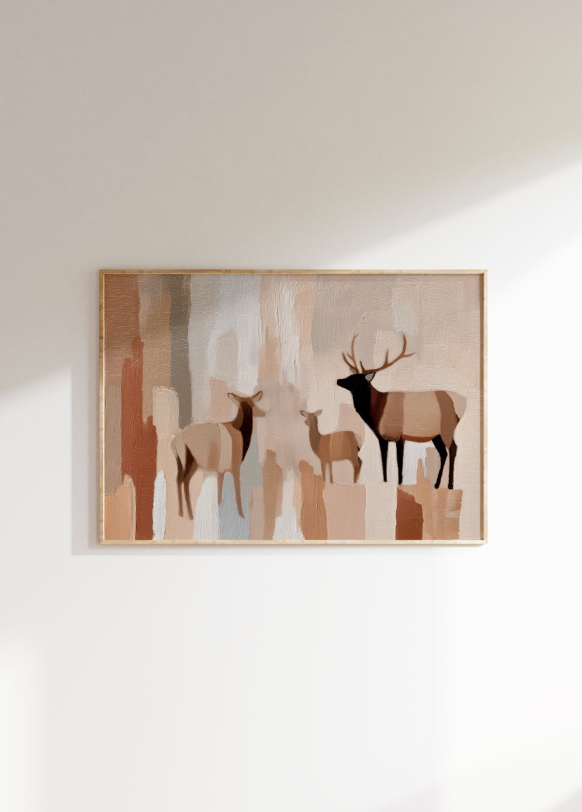 Abstract Elk Herd Poster, Neutral Mountain Aesthetic Wall Art, Rustic Nursery Decor
