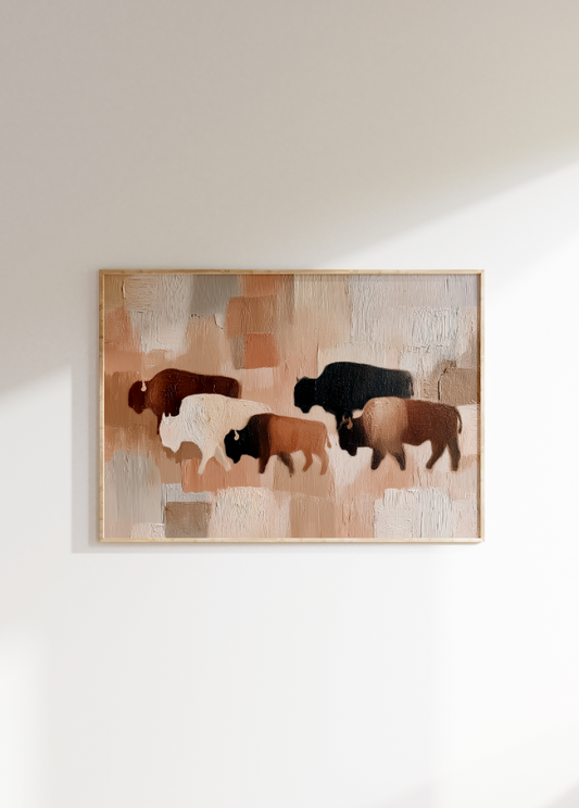Abstract Buffalo Herd Rolled Poster, Neutral Rustic Wall Art