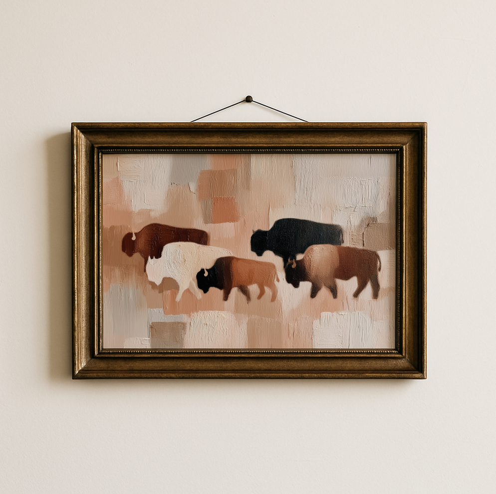 Abstract Buffalo Herd Rolled Poster, Neutral Rustic Wall Art