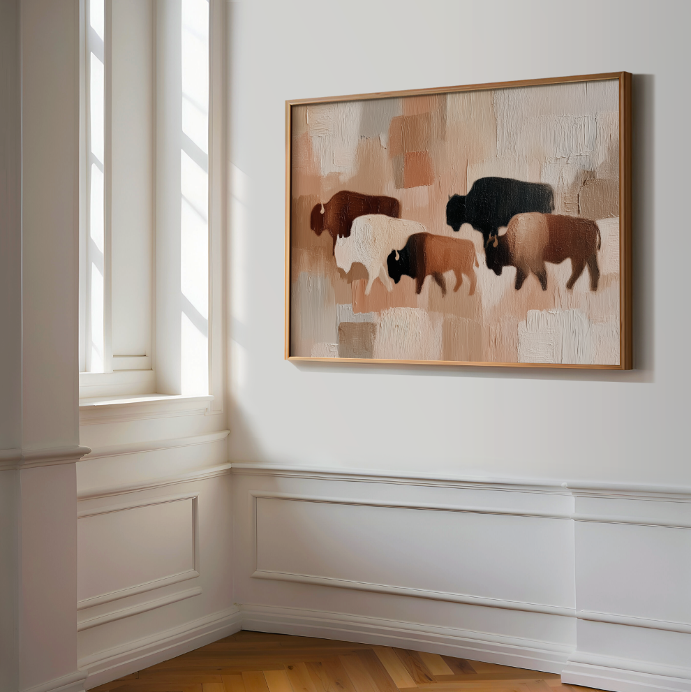 Abstract Buffalo Herd Rolled Poster, Neutral Rustic Wall Art