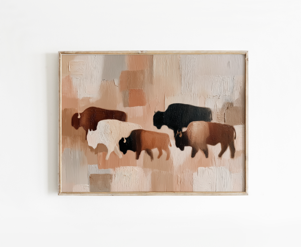 Abstract Buffalo Herd Rolled Poster, Neutral Rustic Wall Art