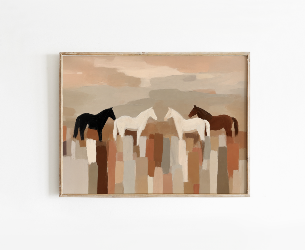 Neutral Abstract Horses Printed Poster, Minimal Horse Art, Earth Tone Wall Decor, Minimalist Farmhouse Rustic Decor
