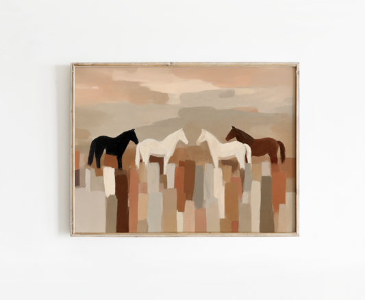Neutral Abstract Horses Printed Poster, Minimal Horse Art, Earth Tone Wall Decor, Minimalist Farmhouse Rustic Decor